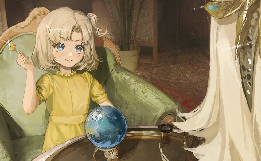 2girls absurdres aged_down armchair beryl_bouanich blonde_hair blue_eyes candy chair closed_mouth crystal_ball dragonfly_hair_ornament dress facing_another facing_away food glint highres holding holding_candy holding_food holding_lollipop indoors lollipop looking_at_viewer matilda_bouanich mother_and_daughter multiple_girls official_art one_side_up plant potted_plant reverse:1999 round_table short_hair short_sleeves sitting smile solo_focus table yellow_dress