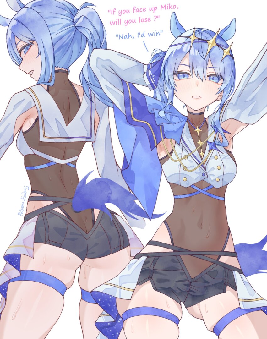 1girl absurdres alternate_costume animal_ears armpits arms_up artist_name back blue_eyes blue_hair boijfal breasts commentary covered_navel english_text hair_between_eyes hair_ornament highres hololive horse_ears horse_girl horse_tail hoshimachi_suisei light_blush long_sleeves looking_at_viewer meme nah_i'd_win_(meme) navel parody ponytail side_ponytail simple_background small_breasts speech_bubble sweatdrop tail thick_thighs thigh_strap thighs umamusume virtual_youtuber