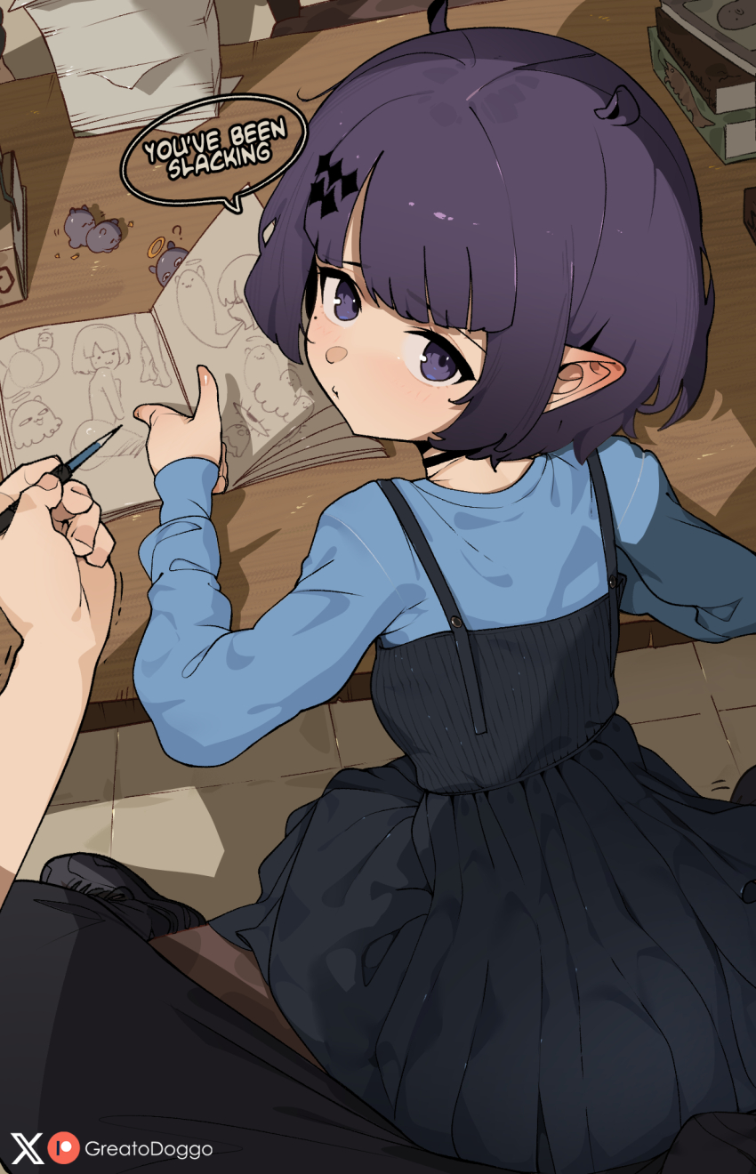 1girl ? aged_down alternate_costume artist_name black_choker black_dress black_pants black_shoes blue_shirt book choker closed_mouth commentary desk drawing_(object) dress english_text greatodoggo hair_ornament halo highres holding holding_pencil hololive hololive_english light_blush loli long_sleeves looking_at_viewer mole mole_under_eye ninomae_ina&#039;nis notebook pants paper_stack patreon_logo pencil pleated_dress pointing pointy_ears pov purple_eyes purple_hair school_desk shirt shoes short_hair sitting solo_focus speech_bubble symbol-only_commentary takodachi_(ninomae_ina&#039;nis) traditional_halo trembling twitter_x_logo virtual_youtuber yellow_halo