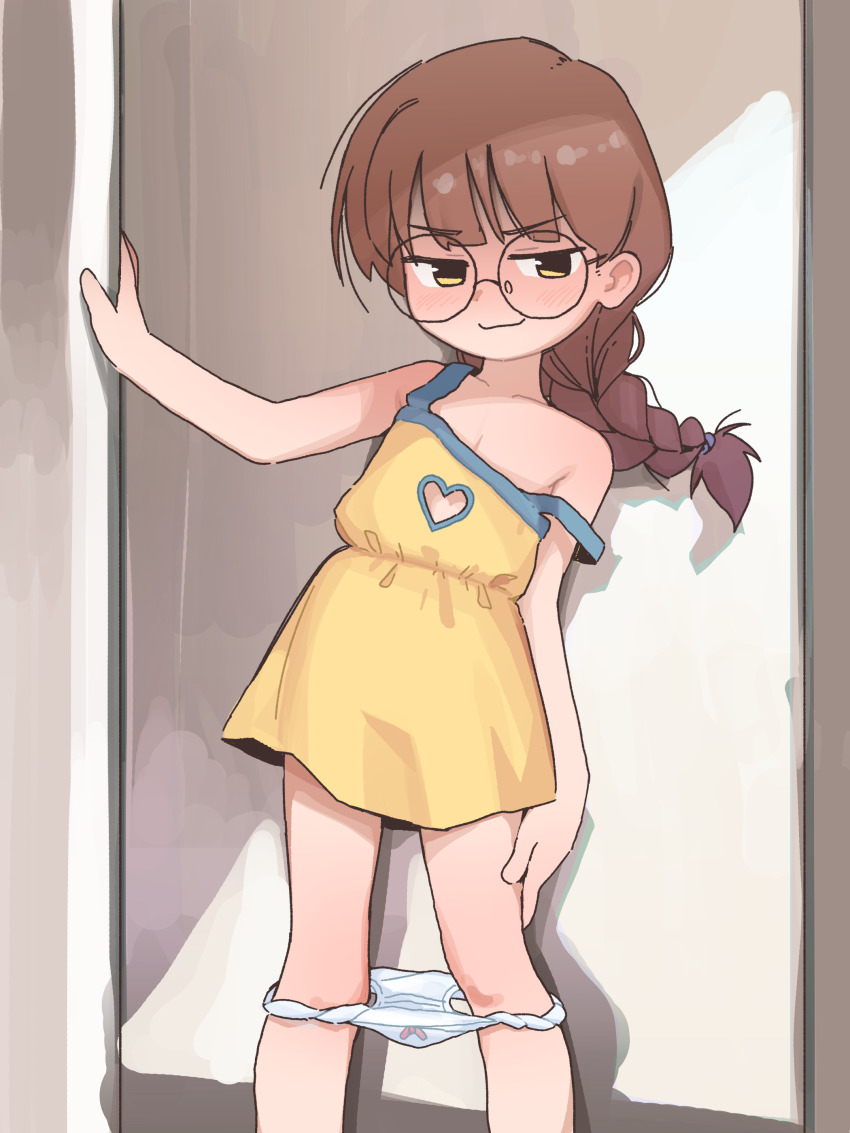 1girl absurdres bow bow_panties braid braided_ponytail brown_hair cleavage_cutout closed_mouth clothing_cutout commentary dress english_commentary feet_out_of_frame flat_chest glasses heart_cutout highres loli long_hair mesugaki_(orenji) orenjipiiru original panties panty_drop panty_pull round_eyewear short_dress solo standing strap_slip underwear white_panties yellow_dress yellow_eyes