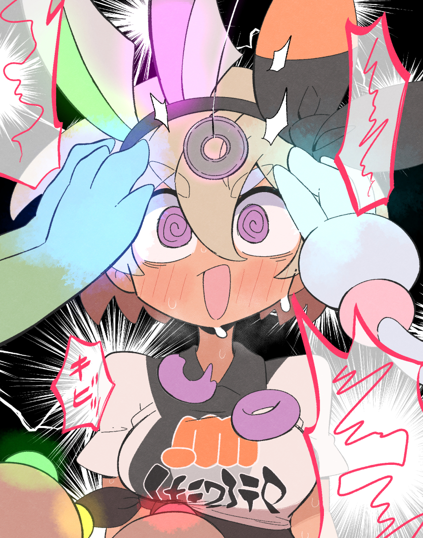 1girl @_@ bea_(pokemon) beheeyem black_background black_hairband blonde_hair blush bow_hairband breasts coin collared_shirt commentary_request food gardevoir gen_3_pokemon gen_5_pokemon gen_6_pokemon gen_8_pokemon glowing hair_between_eyes hairband hatterene highres holed_coin hypnosis kurachi_mizuki malamar mind_control mochi nintendo open_mouth pendulum pokemon pokemon_(creature) pokemon_swsh shirt short_hair short_sleeves string sweat tied_shirt
