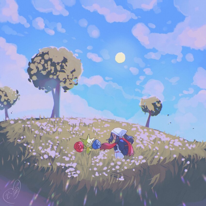 1girl akari_(pokemon) blue_flower blue_hair blue_rose blue_sky closed_eyes cloud colored_skin flower galaxy_expedition_team_survey_corps_uniform gen_3_pokemon grass green_skin hashtag-only_commentary headscarf highres kokomi_(aniesuakkaman) nintendo pokemon pokemon_(creature) pokemon_legends:_arceus ponytail red_flower red_rose red_scarf rose roselia_(pokemon) scarf sky sun tree white_headscarf