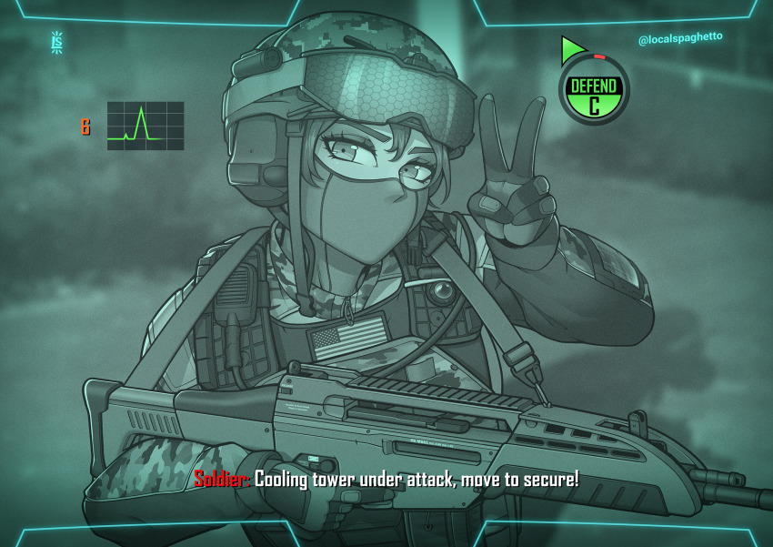 1girl american_flag ammunition_pouch artist_name assault_rifle balaclava blue-tinted_eyewear blurry blurry_background bulletproof_vest call_of_duty call_of_duty:_black_ops_2 camouflage camouflage_helmet camouflage_jacket cardiogram combat_helmet commentary day ear_protection english_commentary english_text film_grain flag_patch gameplay_mechanics gloves goggles goggles_on_headwear gun gun_sling hand_up heads-up_display headset helmet highres holding holding_gun holding_weapon honeycomb_(pattern) jacket load_bearing_vest localspaghetto looking_at_viewer m8a1 magazine_(weapon) military monochrome navy_seals outdoors pda pouch pov rifle shadow signature soldier solo subtitled tactical_clothes tinted_eyewear unworn_headwear user_interface v walkie-talkie weapon