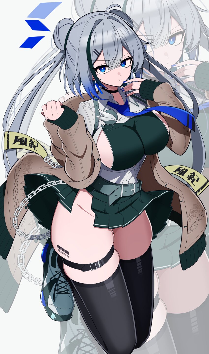absurdres arm_up belt black_thighhighs blue_eyes blue_nails breasts brown_cardigan cardigan chain character_backpack commentary_request crop_top double_bun floating green_belt green_skirt grey_hair gunjou_desu! hair_between_eyes hair_bun hair_intakes hands_on_own_face highres large_breasts loose_hair_strand medium_hair multicolored_hair no_panties open_cardigan open_clothes open_shirt original pleated_skirt serious shirt shoes sideboob skirt skirt_cutout sneakers streaked_hair thigh_strap thighhighs twintails white_shirt white_shoes