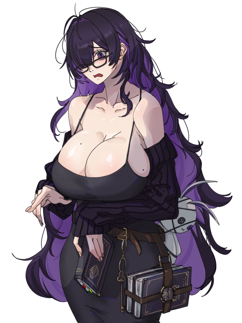 1girl antenna_hair bags_under_eyes black-framed_eyewear black_camisole black_cardigan black_hair book breasts camisole cardigan cardigan_partially_removed cleavage colored_inner_hair commentary_request dress glasses goddess_of_victory:_nikke hair_over_one_eye highres holding holding_book huge_breasts label_(nikke) long_hair mattsun_(lyohei) mole mole_on_breast multicolored_hair open_mouth purple_eyes purple_hair simple_background sleeves_past_wrists solo standing stuffed_animal stuffed_rabbit stuffed_toy taut_clothes taut_dress very_long_hair white_background