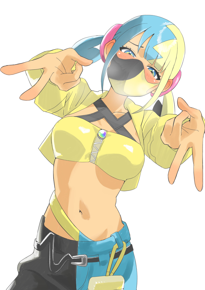 1girl absurdres bandeau belt black_belt blue_eyes breath canari_(pokemon) collarbone commentary_request double_inward_v eyelashes highres jacket long_sleeves looking_at_viewer mask matsuokalive10 mouth_mask multicolored_hair navel nintendo open_clothes open_jacket pants pokemon pokemon_legends:_z-a simple_background solo white_background yellow_bandeau yellow_jacket zipper zipper_pull_tab