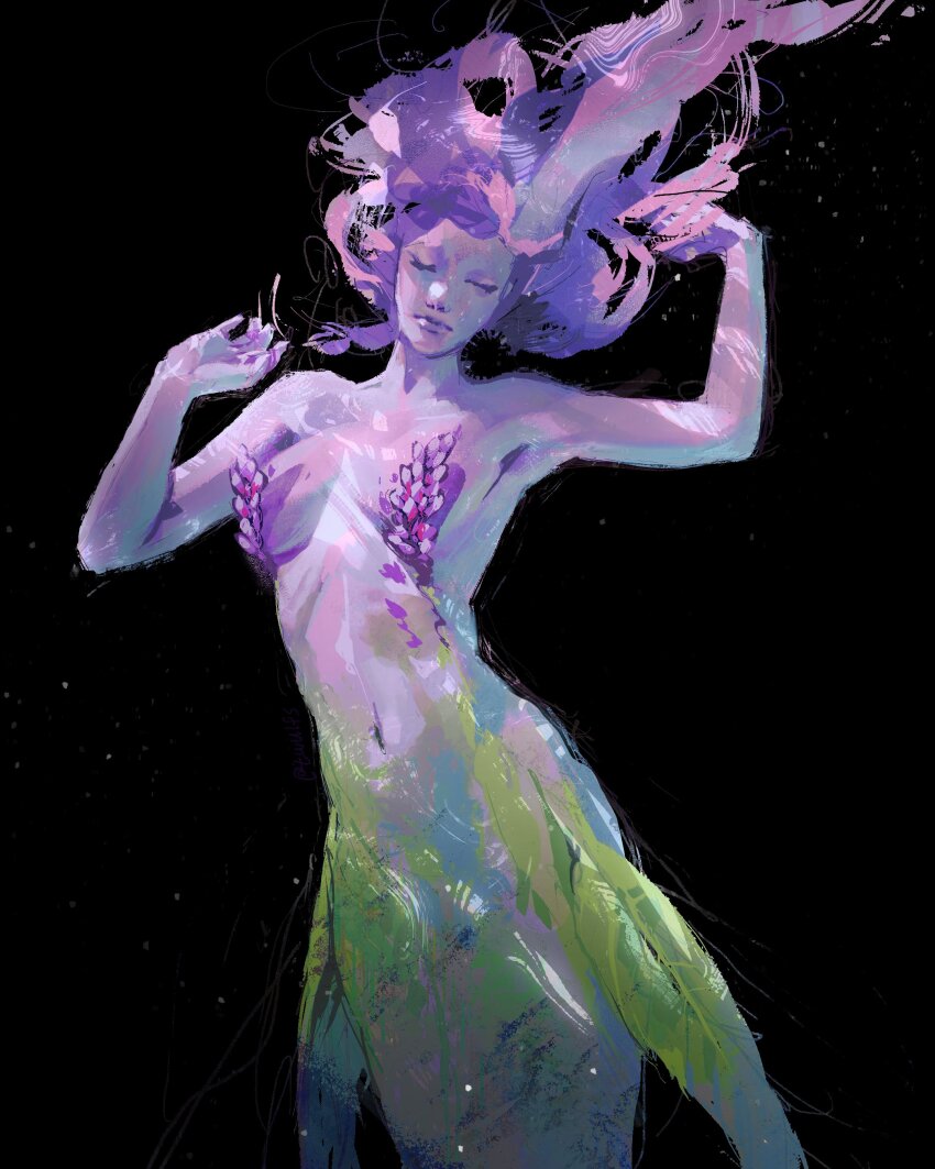 1girl absurdres black_background closed_eyes colored_extremities colored_skin commentary covered_erect_nipples english_commentary expressionless floating_hair flower hands_up head_tilt highres lavender_(flower) long_hair mermaid monster_girl original painterly pink_skin purple_hair simple_background solo twisted_torso twulfs