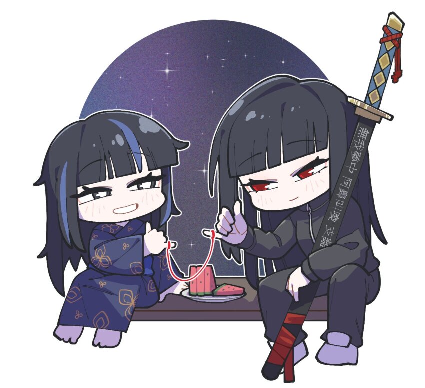 2girls araya_(project_moon) barefoot black_hair black_jacket black_pants blue_kimono blue_streaks blunt_bangs chibi chibi_only child commentary_request food fruit grey_eyes grin highres holding holding_sword holding_weapon jacket japanese_clothes kimono limbus_company long_hair long_sleeves mother_and_daughter multiple_girls ootachi pants pinky_out plate project_moon red_eyes ryoshu_(project_moon) shoes sidelocks sitting sky smile star_(sky) starry_sky string string_of_fate sword teeny_(nonzone) track_jacket watermelon watermelon_slice weapon white_shoes wide_sleeves zipper