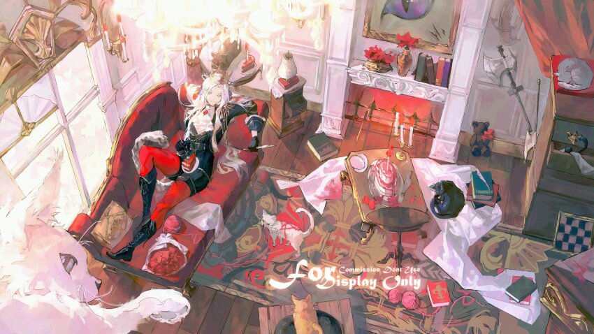 1girl alternate_costume black_boots black_gloves book boots cake cake_slice cat closed_mouth commission couch crown edelgard_von_hresvelg fire_emblem fire_emblem:_three_houses flower food from_above from_side garreg_mach_monastery_uniform gloves hair_ribbon highres holding holding_knife holding_weapon indoors knee_up knife light_smile lkppp long_hair long_sleeves looking_to_the_side lying mirror nintendo on_back on_couch pantyhose parted_bangs purple_eyes purple_ribbon red_flower red_pantyhose red_rose ribbon rose shade solo table weapon white_hair