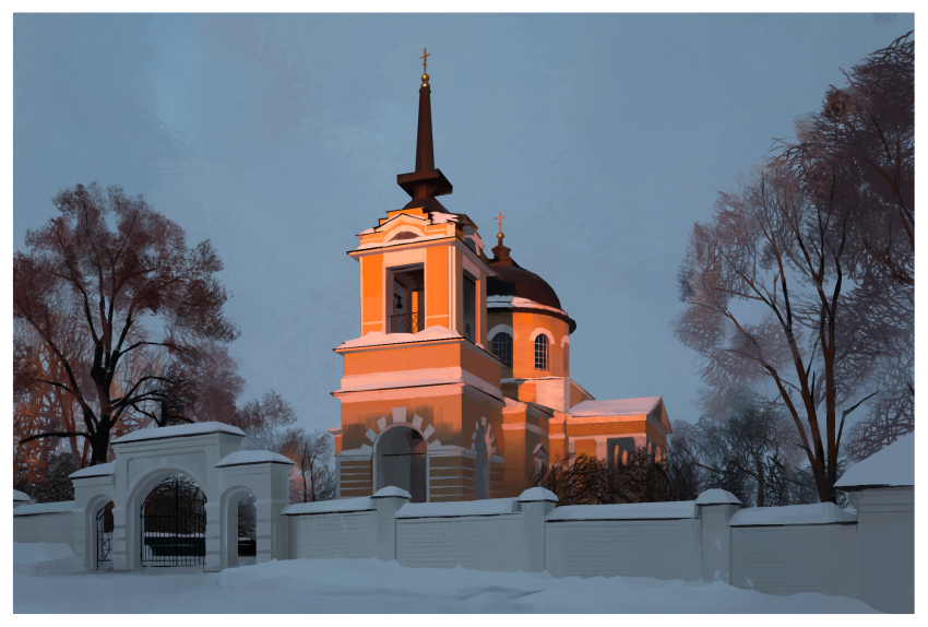 bare_tree border building church commentary english_commentary evening gjb870216 highres no_humans original outdoors photorealistic realistic scenery snow sunset tree white_border winter