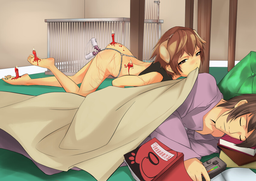 2boys afterimage age_difference all_fours anal anal_beads anal_object_insertion animal_ears bare_legs barefoot bdsm black_hair black_shirt blanket book brown_eyes brown_hair cage candle chain closed_eyes clothed_male_nude_male controller covering_with_blanket crop_top cushion dog_ears fake_animal_ears fire flaccid full_body hakuyagen_(yoronbi) head_rest highres holding holding_blanket holding_remote_control indoors iron_bars light_blush long_sleeves male_focus male_penetrated motion_lines mouth_hold multiple_boys navel nude object_insertion on_floor onii-shota open_book original pet_play purple_shirt remote_control remote_control_vibrator sex_toy shirt short_hair shota sidelocks slave sleeping soles translated variant_set vibrator wax_play whip_marks wireless_sex_toy_controller yaoi