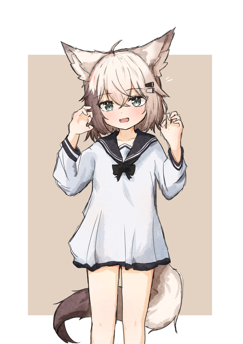 1girl :d absurdres animal_ears black_sailor_collar border borrowed_character brown_background claw_pose commentary_request fang fox_ears fox_girl fox_tail green_eyes grey_hair hair_ornament hairclip hands_up highres kuon_(meguru_1225) long_sleeves looking_at_viewer multicolored_hair n_(nxecution) no_pants open_mouth original sailor_collar sailor_shirt shirt skin_fang smile tail two-tone_background two-tone_hair white_background white_shirt
