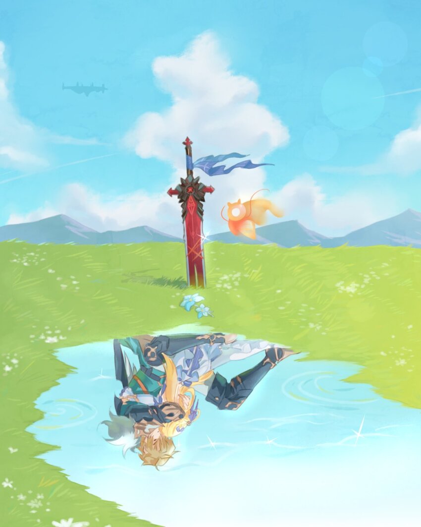 1boy 1girl aqua_coat beret blonde_hair blue_sky cloud coat collared_coat commentary couple dress english_commentary genshin_impact grass hat highres hug long_hair mountainous_horizon nicole_reeyn reflection reflective_liquid scenery seelie_(genshin_impact) short_hair sitting sky suzie_(andersdotterpen) varka_(genshin_impact) water white_dress white_hat white_sleeves wolf's_gravestone_(genshin_impact)