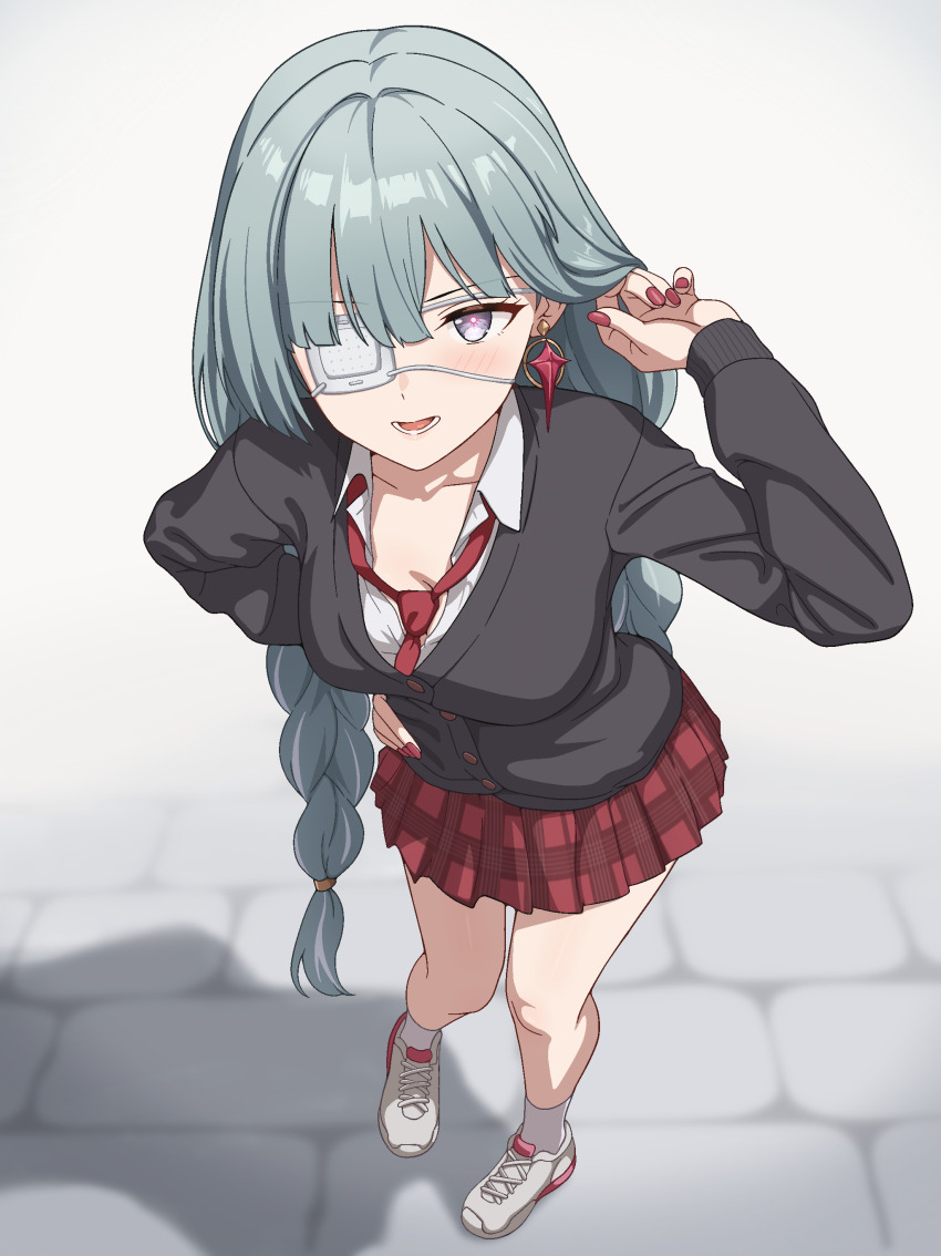 1girl absurdres alternate_costume blush braid breasts commentary eyepatch fingernails grey_eyes grey_hair grey_sweater hand_on_own_hip hand_up highres long_hair long_sleeves looking_at_viewer low_twin_braids medium_breasts milliani multicolored_hair nail_polish necktie open_mouth phrolova_(wuthering_waves) pleated_skirt red_nails red_necktie red_skirt shoes skirt smile solo streaked_hair sweater twin_braids variant_set white_shoes wuthering_waves