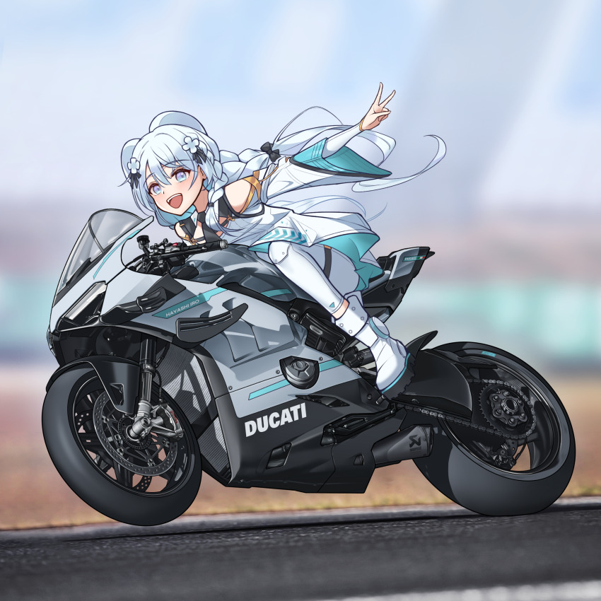 1girl :d absurdres aurora_project black_necktie blue_eyes blue_hair braid day dress ducati hayashi_iro highres light_blue_hair long_hair looking_at_viewer motor_vehicle motorcycle necktie on_motorcycle open_mouth outdoors outstretched_arm pants riding smile solo v virtual_youtuber white_dress white_footwear white_pants wide_sleeves yeong_r6