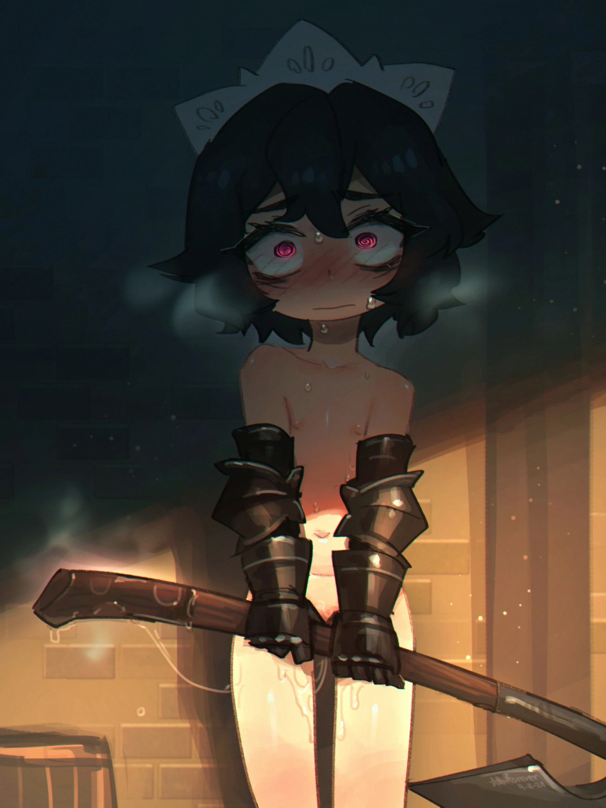 1girl after_masturbation axe bags_under_eyes battle_axe black_hair borrowed_character closed_mouth dated executioner_maid_(apprentice)_(centurii-chan) flat_chest gauntlets heavy_breathing highres holding holding_axe light_particles loli maid_headdress navel nipples nude original pink_eyes porforever pussy_juice solo sweat thigh_gap weapon webp-to-png_conversion