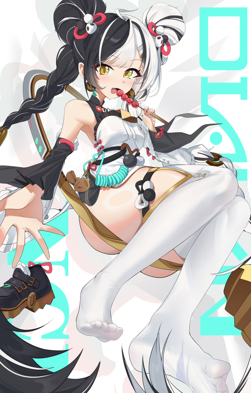 1girl absurdres black_hair blush braid dango dialyn_(zenless_zone_zero) double_bun feet food hair_bun highres long_hair looking_at_viewer multicolored_hair open_mouth see-through_clothes see-through_legwear shoes soles thighhighs toes twin_braids two-tone_hair unworn_shoes wagashi weeyi white_hair white_thighhighs yellow_eyes zenless_zone_zero