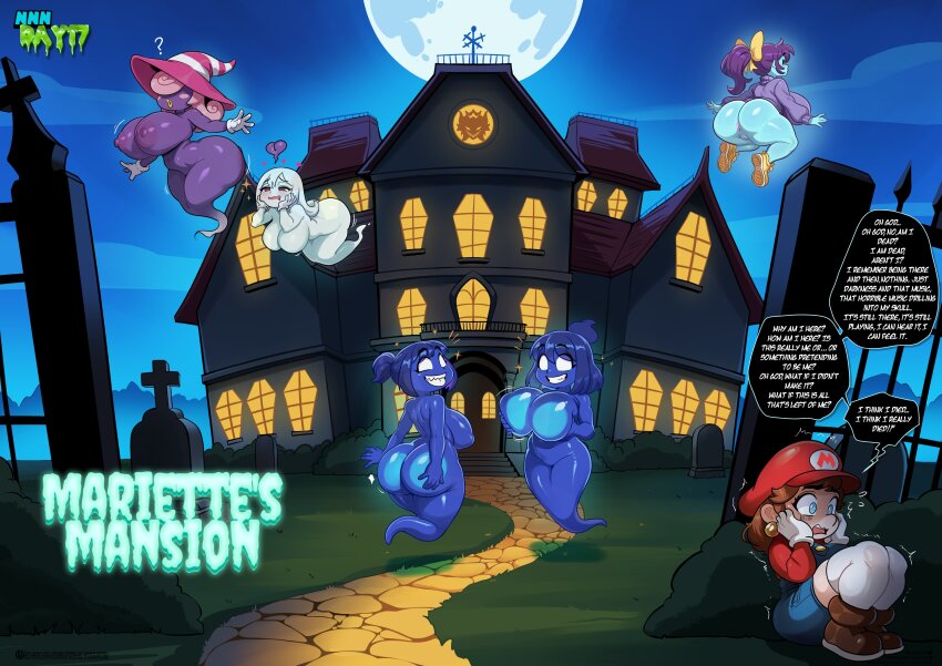 1futa 5girls blue_eyes blush breasts brown_hair bulge colored_skin ear_piercing earrings english_text erection erection_under_clothes flying futanari ghost ghost_girl grabbing_own_breast heart huge_breasts huge_penis jewelry kogeikun looking_at_viewer mario mario_(series) medium_hair monster_girl multiple_girls nintendo penis piercing scared sitting speech_bubble testicles trembling vivian_(paper_mario)