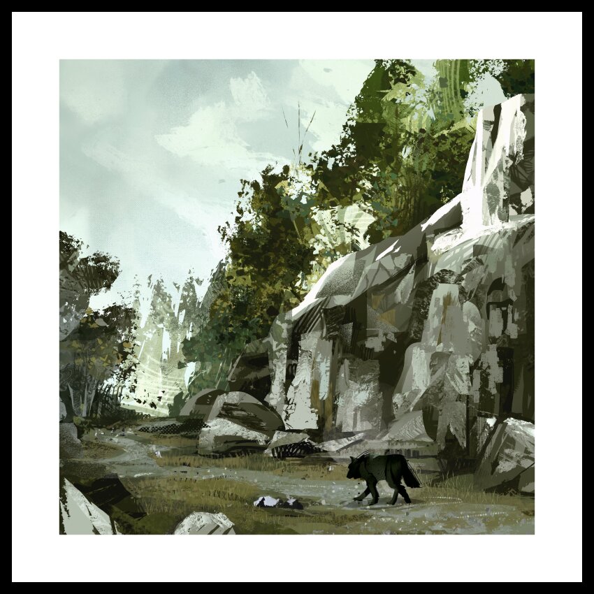 absurdres animal blurry border commentary day depth_of_field fog forest highres mountain nature no_humans original outdoors painterly path road scenery tree twulfs walking white_border