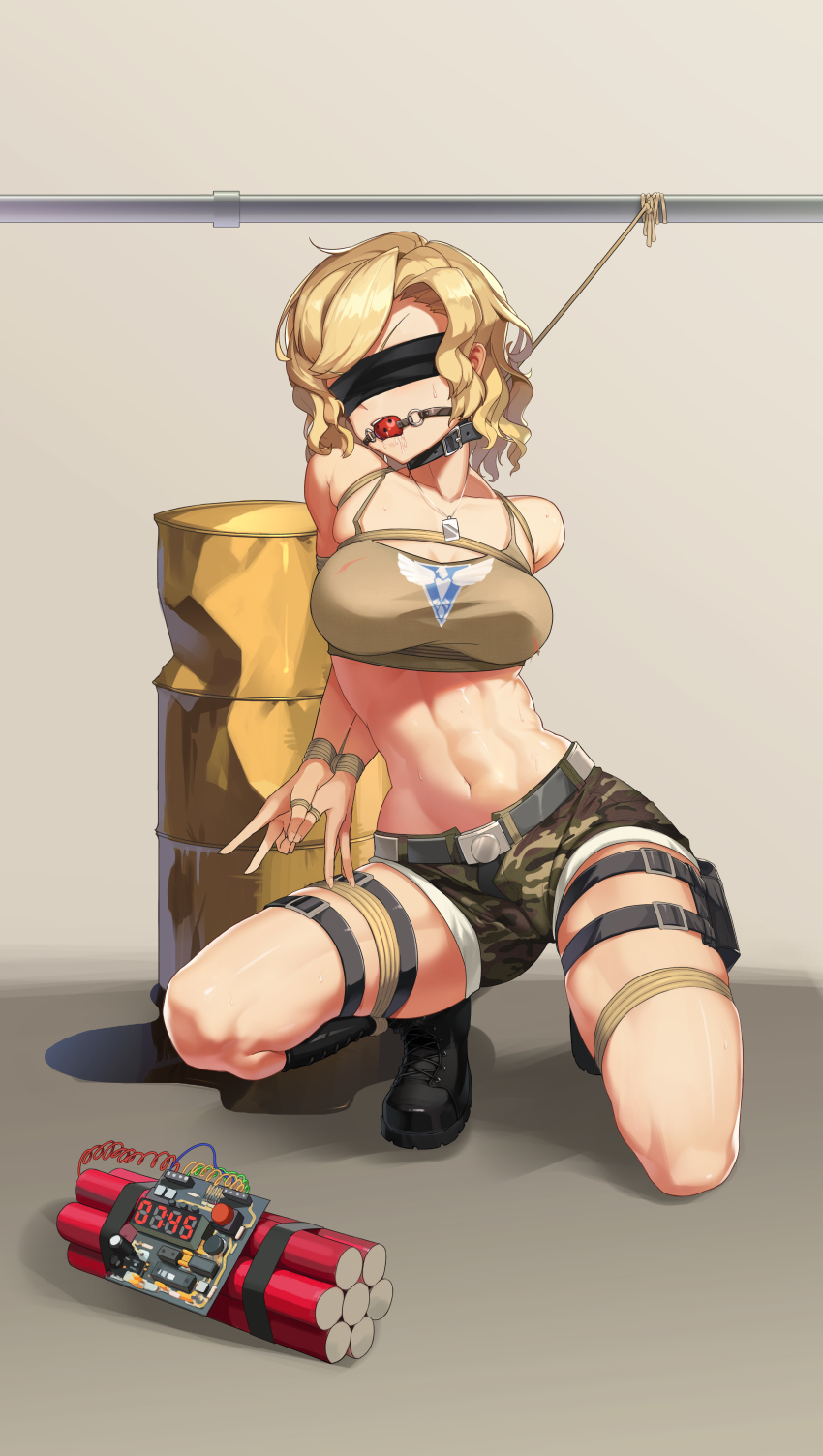 1girl abs absurdres arms_behind_back ball_gag bdsm blindfold blonde_hair bondage bound braid breasts collar command_&amp;_conquer commission explosive full_body gag gagged highres long_hair medium_breasts navel original peril pointy_ears restrained rope saliva second-party_source shinebell skindentation solo tanya_(red_alert_3) tnt variant_set wiffle_gag