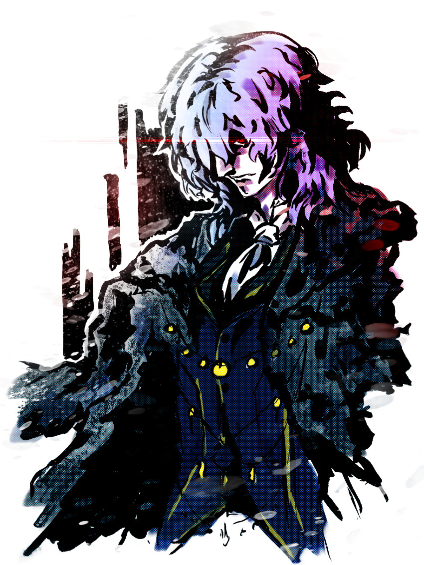 1boy absurdres ascot blue_coat coat commentary_request formal_clothes fur_coat gold_trim hair_between_eyes hair_over_one_eye highres jewelry looking_at_viewer male_focus messy_hair pale_skin red_eyes solo solo_focus tsukihime tsukihime_(remake) user_mwpy5473 vlov_arkhangel white_background white_hair