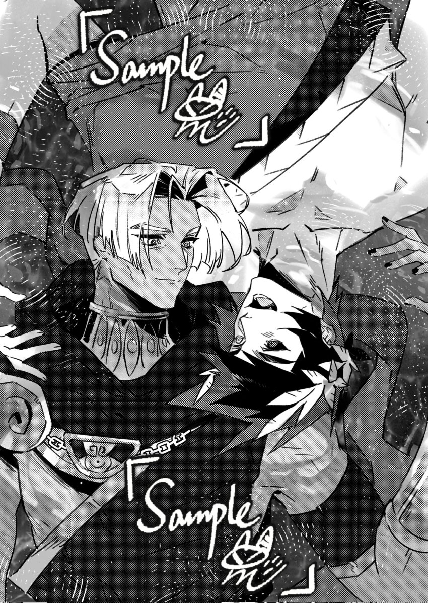 2boys acer_findo arm_around_neck black_cloak black_hair black_nails black_sclera cloak closed_mouth colored_sclera commentary commission english_commentary gorget grey_hair greyscale hades_(series) hades_1 highres male_focus monochrome multiple_boys nail_polish open_mouth pale_skin parted_bangs sample_watermark screentones short_hair smile tan thanatos_(hades) toga upper_body watermark yaoi zagreus_(hades)