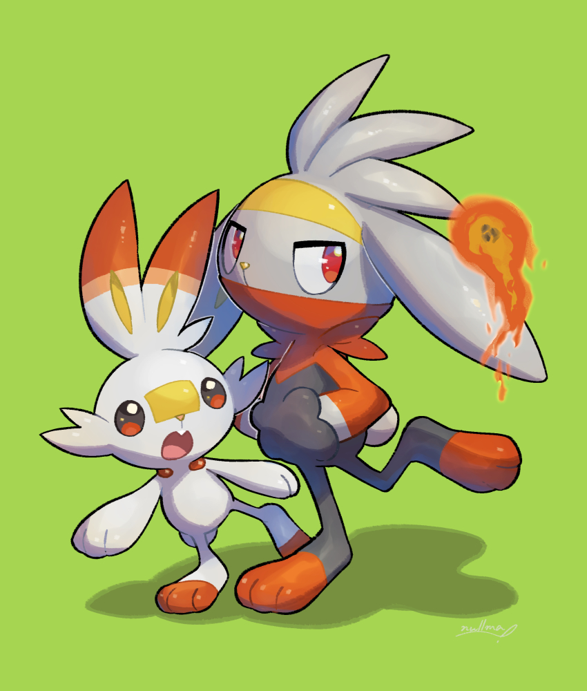 absurdres commentary_request evolutionary_line fang fire gen_8_pokemon green_background hands_in_pockets highres nintendo nullma open_mouth pokemon pokemon_(creature) raboot red_eyes scorbunny simple_background standing toes tongue