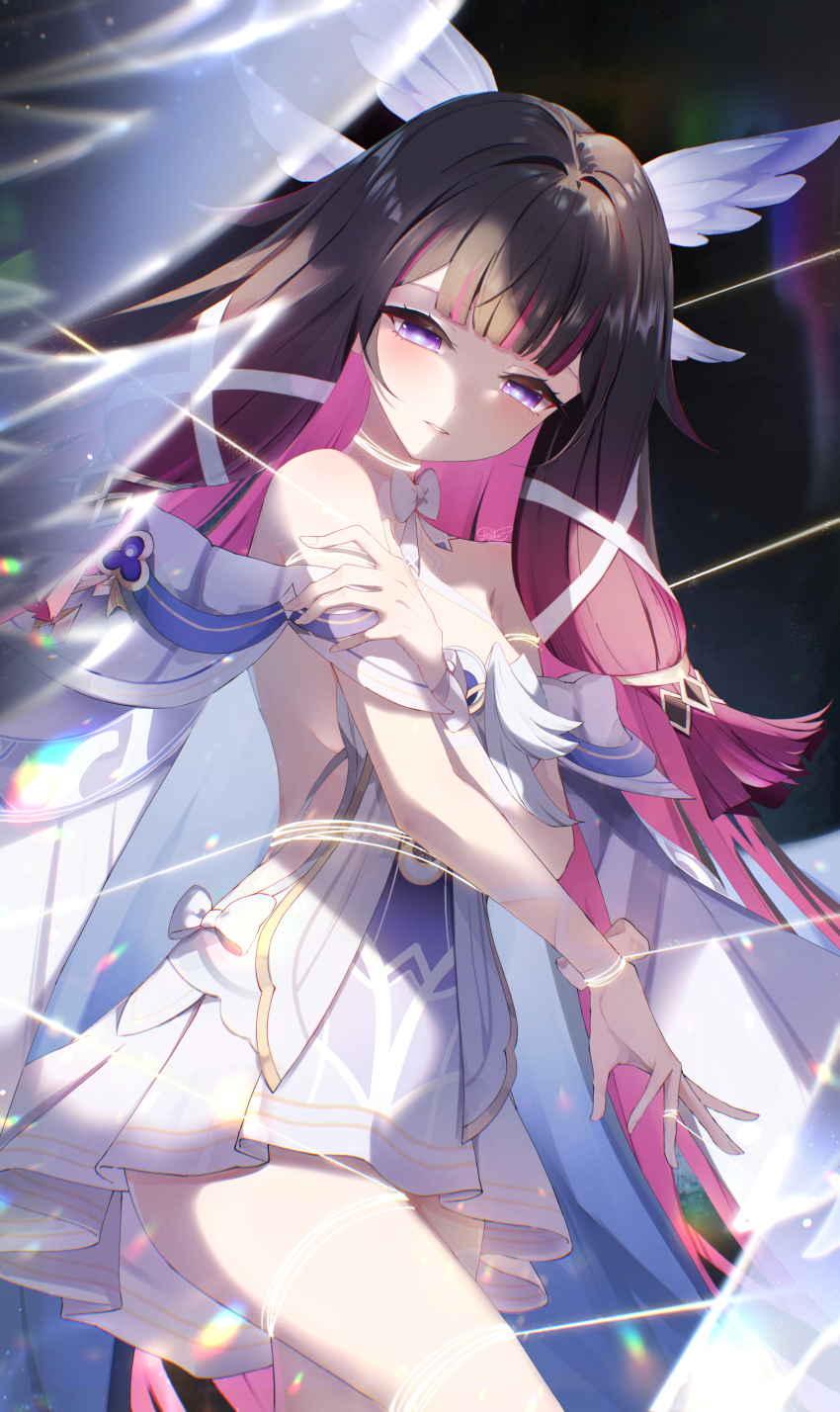 1girl absurdres aurora bare_shoulders black_background black_hair blunt_bangs blunt_sidelocks blunt_tresses bow bowtie breasts colored_inner_hair columbina_(genshin_impact) commentary dress elphe english_commentary genshin_impact hair_intakes hand_on_own_arm head_wings highres lens_flare light_particles looking_at_viewer multicolored_hair night off-shoulder_dress off_shoulder parted_lips pink_hair purple_eyes sidelocks small_breasts smile solo string thighs two-tone_dress unusually_open_eyes white_bow white_bowtie white_dress white_wings wings