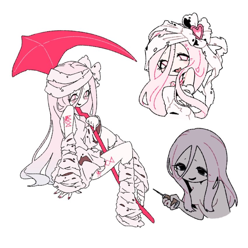 bandages bare_shoulders breasts corset_piercing dress eyebrow_piercing eyelashes face_piercing hair_ornament hair_over_breasts heart highres holding holding_scythe holding_weapon knee_up long_hair looking_at_viewer mahou_shoujo_ni_akogarete miniskirt neck_piercing needle nude pale_skin piercing pink_eyes pink_hair ribbon scythe shanyang_zuo skirt small_breasts smile tada_randa toes tongue tongue_piercing weapon