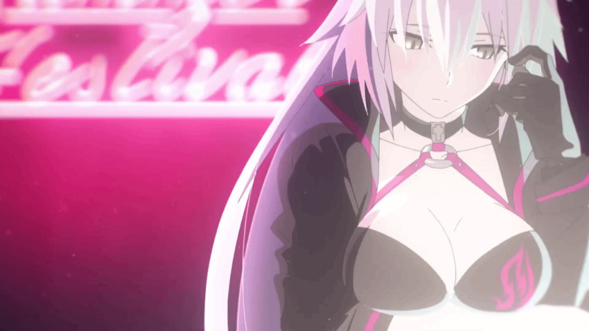 1girl absurdres animated animated_gif bikini black_bikini black_gloves black_jacket blush breasts cleavage closed_mouth collarbone fate/grand_order fate_(series) female_focus gloves highres jacket jeanne_d'arc_(fate) jeanne_d'arc_alter_(fate) jeanne_d'arc_alter_(swimsuit_berserker)_(fate) large_breasts long_hair long_sleeves looking_at_viewer looking_down o-ring o-ring_bikini o-ring_bikini_top o-ring_swimsuit open_mouth sexually_suggestive solo solo_focus swimsuit very_long_hair white_hair yellow_eyes