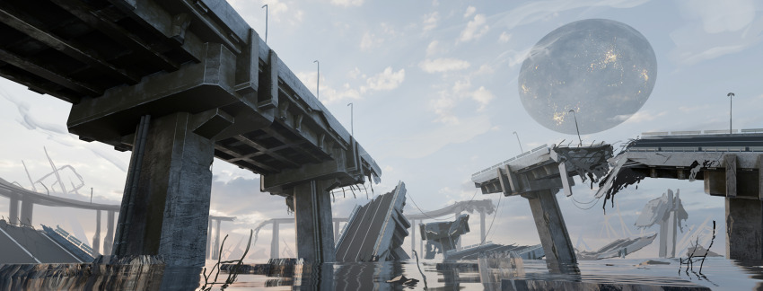 blender_(medium) bridge cloud dilapidated highres lamppost myoujin_hinata no_humans original outdoors photoshop_(medium) post-apocalypse reflection reflective_liquid scenery sky water