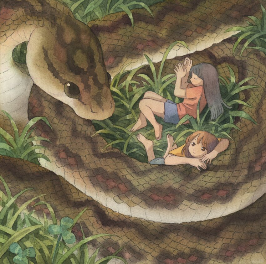2girls barefoot black_eyes brown_eyes brown_hair brown_scales closed_eyes closed_mouth clover grass grey_shorts heikala highres leaning_forward leaning_on_animal long_hair lying mini_person minigirl multiple_girls on_grass on_side orange_shirt original painting_(medium) python shirt short_hair short_sleeves shorts sleeping snake traditional_media watercolor_(medium) yellow_shirt