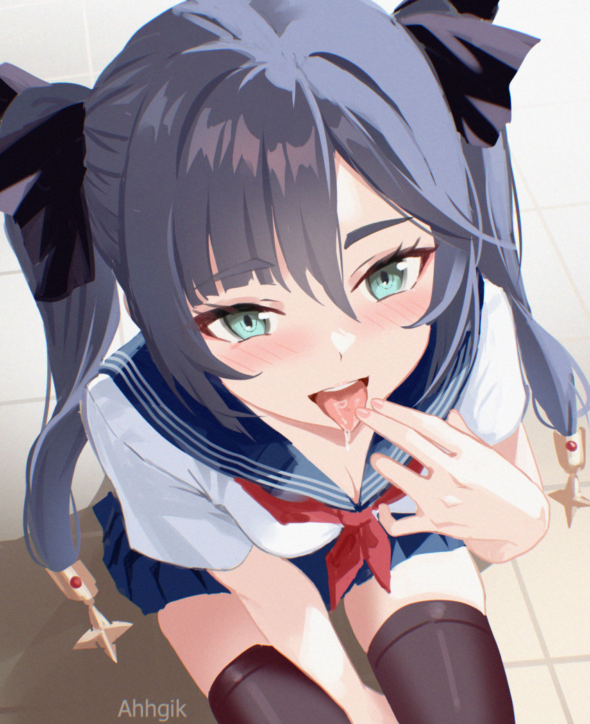 1girl ahhgik black_thighhighs blue_skirt commentary english_commentary finger_in_own_mouth genshin_impact green_eyes highres long_hair looking_at_viewer mona_(genshin_impact) neckerchief open_mouth pleated_skirt purple_hair red_neckerchief sailor_collar saliva school_uniform serafuku shirt skirt solo thighhighs tongue tongue_out twintails white_shirt