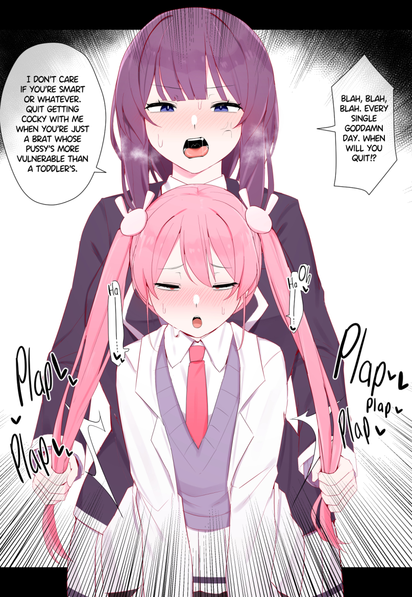 2girls anger_vein blue_eyes blush english_text futa_with_female futanari grabbing_another's_hair heavy_breathing highres holding_another's_hair implied_sex jacket kassai_kassai long_hair multiple_girls original pink_hair pleated_skirt purple_hair school_uniform sex sex_from_behind shirt skirt sweat twintails white_jacket white_shirt