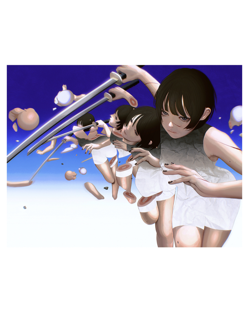 1girl absurdres black_hair black_nails commentary highres holding holding_sword holding_weapon mikasamu mole mole_under_eye original short_hair solo sword weapon