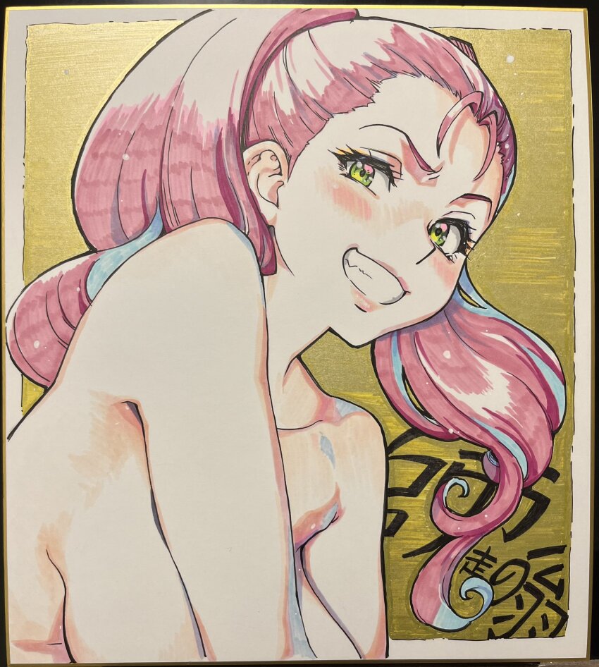 1girl bare_shoulders blush breasts cleavage colorized commentary_request from_side green_eyes grin highres honjoumiya_tsubomi huge_breasts large_breasts long_hair looking_at_viewer nude peace_hame pink_hair peace_hame shikishi shiwasu_no_okina signed smile solo tagme topless_female traditional_media twintails yellow_background