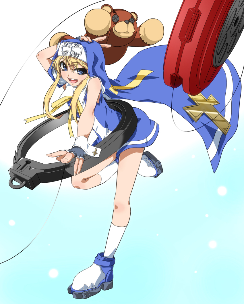1boy :d ankle_boots bare_arms bare_shoulders black_gloves blonde_hair blue_boots blue_eyes blue_veil blue_vest boots bridget_(guilty_gear) button_eyes buttons cross cross_print dynamic_pose fingerless_gloves floating floating_clothes floating_hair floating_object foot_up_heel_up full_body gloves guilty_gear guilty_gear_xx guimpe hair_between_eyes hand_on_own_head highres invisible_floor kneehighs kurohanagi large_teddy_bear latin_cross leaning_forward light_particles long_sidelocks looking_at_viewer male_focus mars_symbol neck_ribbon nun object_belt on_floor open_mouth print_wrist_cuffs ribbon roger_(guilty_gear) shirt short_hair_with_long_locks sidelocks sleeveless sleeveless_shirt smile socks standing standing_on_one_leg stitches string teeth throwing_yo-yo trap two-sided_veil two-tone_background upper_teeth_only veil vest white_background white_shirt white_socks white_trim white_wrist_cuffs wrist_cuffs yellow_ribbon yo-yo