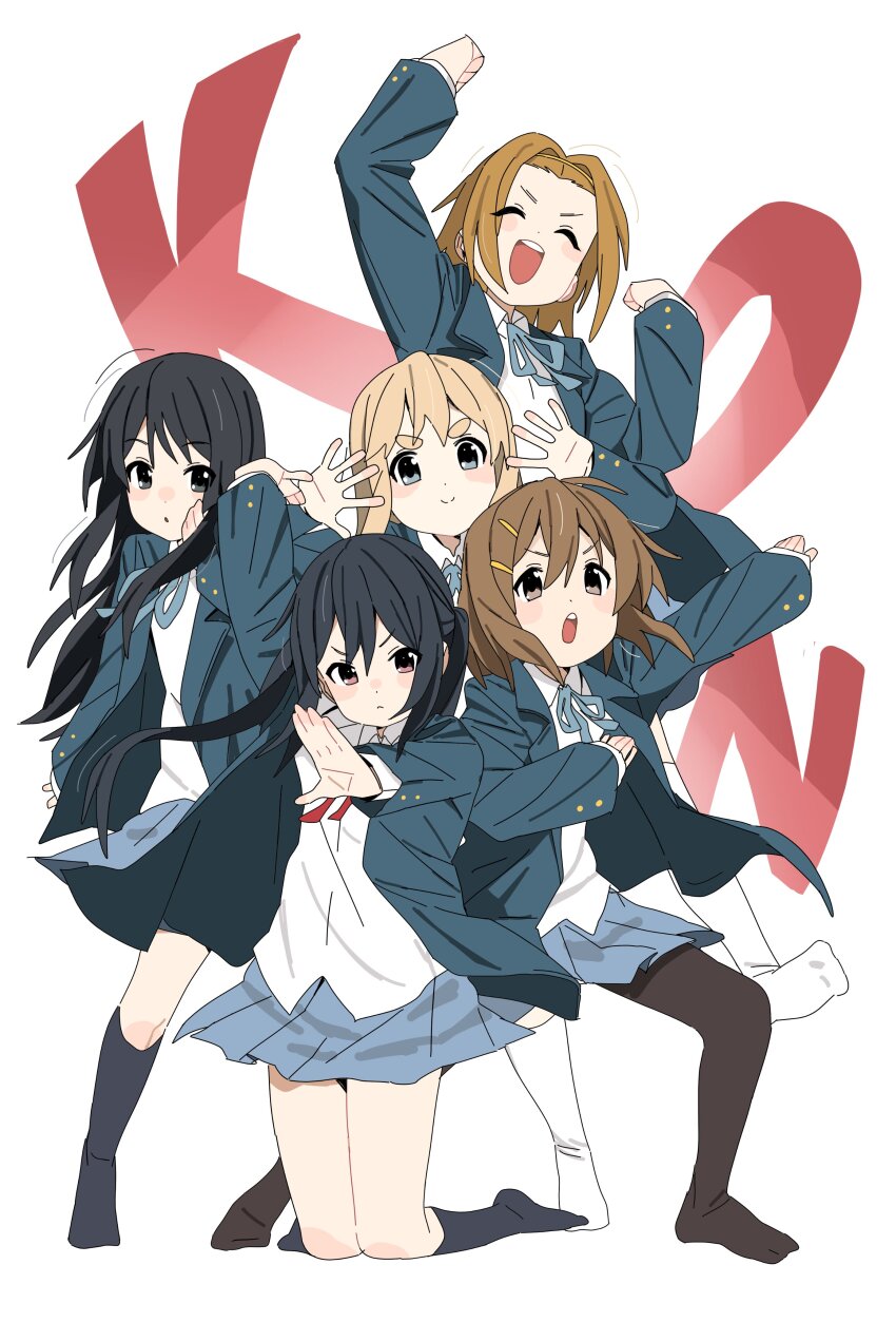 5girls absurdres akiyama_mio arm_up artistic_error bad_tag black_eyes black_hair black_pantyhose black_socks blonde_hair blue_eyes blue_skirt blush blush_stickers brown_eyes brown_hair cheering choppy_bangs clenched_hands closed_eyes collared_shirt double-parted_bangs hair_intakes hair_ornament hairband hairclip hands_up highres hirasawa_yui jacket k-on! kneeling kotobuki_tsumugi long_hair mangpum_(taro109210) medium_hair multiple_girls nakano_azusa neck_ribbon open_mouth pantyhose pleated_skirt red_ribbon ribbon sakuragaoka_high_school_uniform school_uniform shirt skirt smile socks suit_jacket tainaka_ritsu thick_eyebrows twintails white_background white_socks