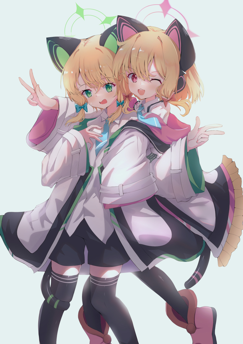 2girls ;d absurdres animal_ear_headphones animal_ears arm_on_another&#039;s_shoulder black_shorts black_tail black_thighhighs blonde_hair bloom blue_archive blue_necktie boots bow cat_ear_headphones cat_ears cat_tail collared_shirt commentary fake_animal_ears fake_tail feet_out_of_frame fingernails frilled_jacket frills front-to-back green_bow green_eyes green_halo green_jacket hair_bow halo headphones highres jacket long_sleeves looking_at_viewer low-tied_sidelocks midori_(blue_archive) momoi_(blue_archive) multicolored_jacket multiple_girls necktie off_shoulder one_eye_closed open_clothes open_jacket open_mouth outstretched_arm parted_bangs pigeon-toed pink_boots pink_bow pink_eyes pink_halo pink_jacket pink_nails shirt short_hair short_necktie shorts siblings sidelocks simple_background sisters smile standing suspenders sweatdrop symbol-only_commentary tail teeth thighhighs twins untucked_shirt upper_teeth_only user_fnfj4274 v-shaped_eyebrows w white_background white_jacket white_shirt wide_sleeves