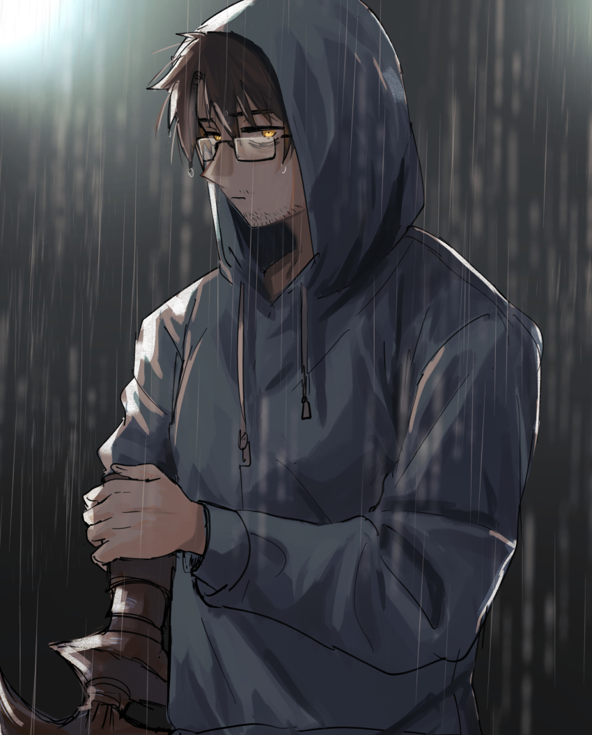 1boy alternate_costume arthropod_limbs backlighting beard_stubble black-framed_eyewear black-framed_glasses blurry blurry_background brown_hair casual closed_mouth cloud cloudy_sky contemporary dark dark_background drawstring dripping expressionless facial_hair glasses gregor_(project_moon) grey_hoodie hair_between_eyes half-closed_eyes highres holding_own_arm hood hood_down hood_up hoodie jitome kikkoinu limbus_company long_sleeves looking_at_viewer looking_to_the_side low_ponytail male_focus mature_male messy_hair night official_alternate_costume outdoors parted_bangs ponytail project_moon rain sanpaku semi-rimless_eyewear short_hair sky solo standing standing_in_rain stubble under-rim_eyewear upper_body water water_drop wet wet_clothes wet_hair yellow_eyes