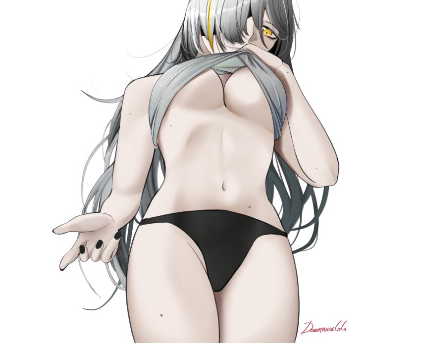 1girl artist_name black_nails black_panties breasts cleavage closed_mouth clothes_lift commentary darkpulsegg english_commentary eyepatch feet_out_of_frame from_below girls'_frontline grey_hair grey_lips grey_shirt hair_between_eyes highres lips long_hair looking_at_viewer m16a1_(boss)_(girls'_frontline) m16a1_(girls'_frontline) medium_breasts mole mole_on_arm mole_on_stomach mole_on_thigh multicolored_hair nail_polish navel no_bra panties shirt shirt_lift simple_background solo standing streaked_hair underboob underwear white_background yellow_eyes