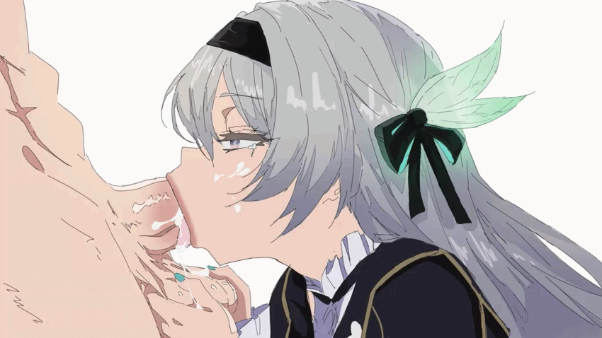 1boy 1girl :>= angel_of_light animated animated_gif caressing_testicles clothed_female_nude_male clothed_sex cum cum_in_mouth cum_in_throat cum_on_body cum_overflow ejaculation facial fellatio firefly_(honkai:_star_rail) from_side functionally_nude gag gagging gokkun hair_ornament hairband honkai:_star_rail honkai_(series) long_hair looping_animation nipples nude oral purple_eyes simple_background swallowing tagme tearing_up tears testicles white_background white_hair