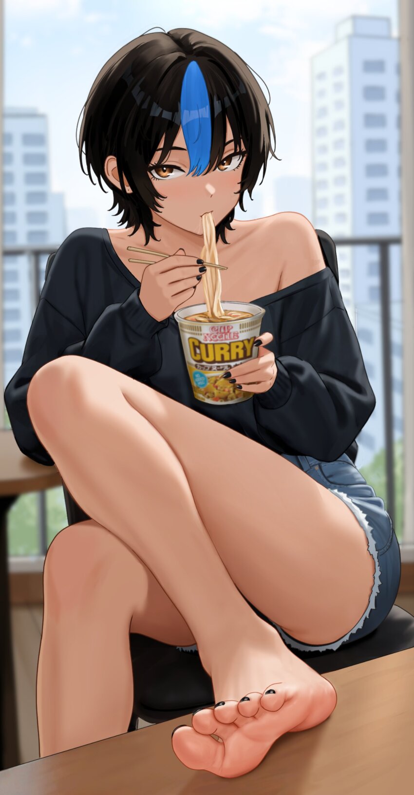 1girl absurdres bare_legs barefoot black_hair black_nails black_sweater blue_hair brown_eyes chopsticks collarbone commentary cup cutoffs denim denim_shorts eating elbow_rest english_commentary feet food_in_mouth foot_focus footrest hair_between_eyes highres holding holding_chopsticks holding_cup instant_cup_noodles knee_up looking_at_viewer nail_polish nihu nissin_cup_noodle original shiragi_(nihu) short_hair short_shorts shorts single_bare_shoulder single_hair_streak single_off_shoulder sitting soles solo sweater sweater_tucked_in thighs toenail_polish toenails toes