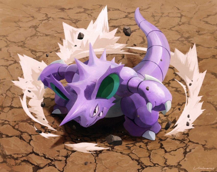 black_eyes claws commentary_request crack cracked_floor gen_1_pokemon highres nidoking nintendo no_humans outdoors pokemon pokemon_(creature) rock smoke standing uninori