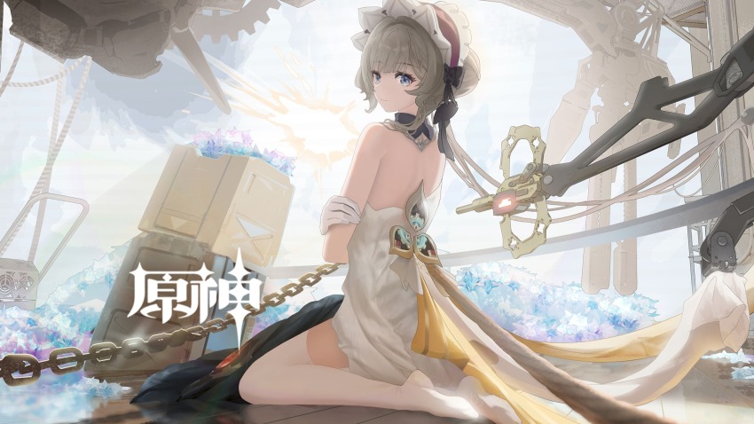 1girl back blonde_hair blue_eyes closed_mouth commentary_request dress genshin_impact gloves hair_between_eyes highres long_hair sandrone_(genshin_impact) solo thighhighs wboss white_dress white_gloves white_thighhighs