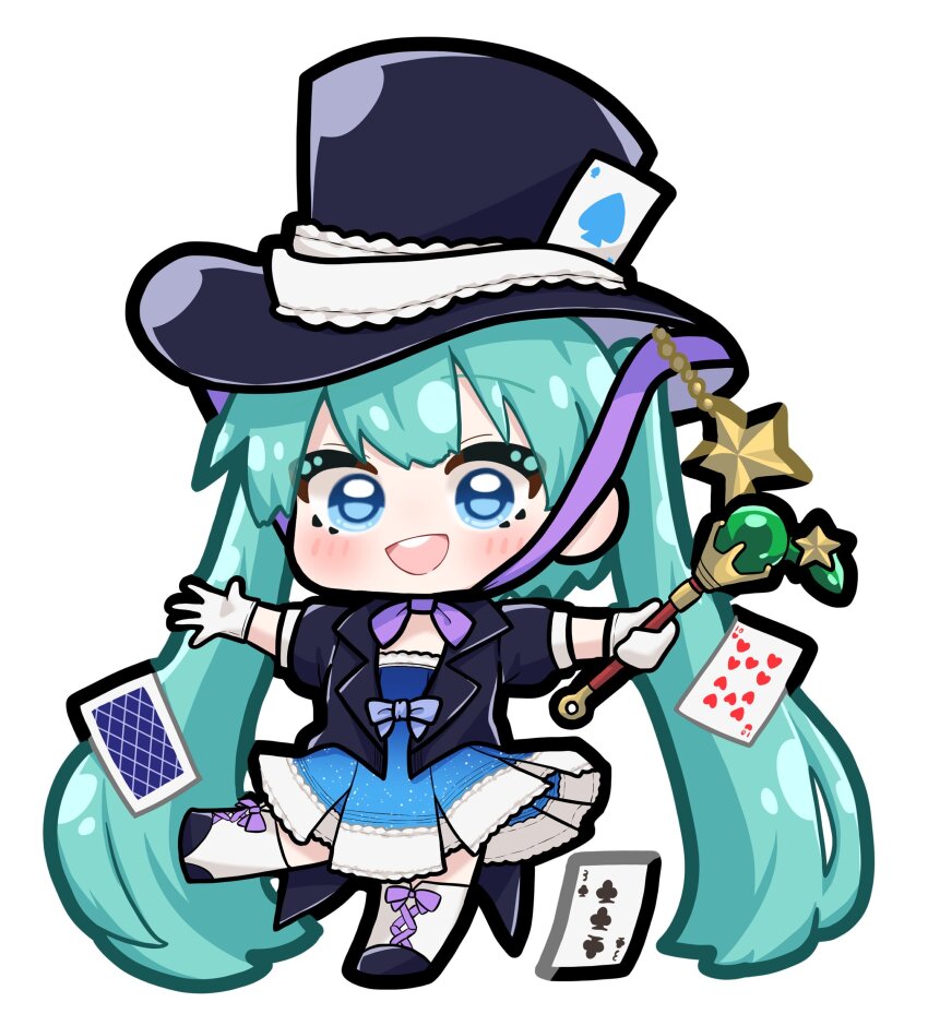 1girl :d absurdres aqua_hair black_hat black_jacket black_shoes blue_dress blue_eyes blush chibi chibi_only commentary_request dress full_body hat hatsune_miku highres holding holding_wand jacket long_hair looking_at_viewer magical_mirai_(vocaloid) magical_mirai_miku magical_mirai_miku_(2013) open_mouth shoes simple_background smile solo spade_(shape) star_(symbol) teeth ten_of_hearts thighhighs three_of_clubs tokita_rin tongue twintails upper_teeth_only very_long_hair vocaloid wand white_background white_thighhighs