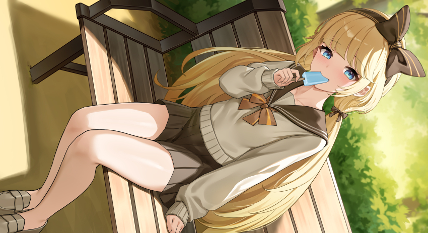 1girl absurdres bench black_sailor_collar blonde_hair blue_eyes bow brown_bow commentary commission day dutch_angle eating english_commentary food hair_bow highres holding holding_food holding_popsicle long_hair long_sleeves looking_at_viewer lunacle original outdoors popsicle sailor_collar school_uniform serafuku sitting skirt sweater twintails very_long_hair yellow_bow