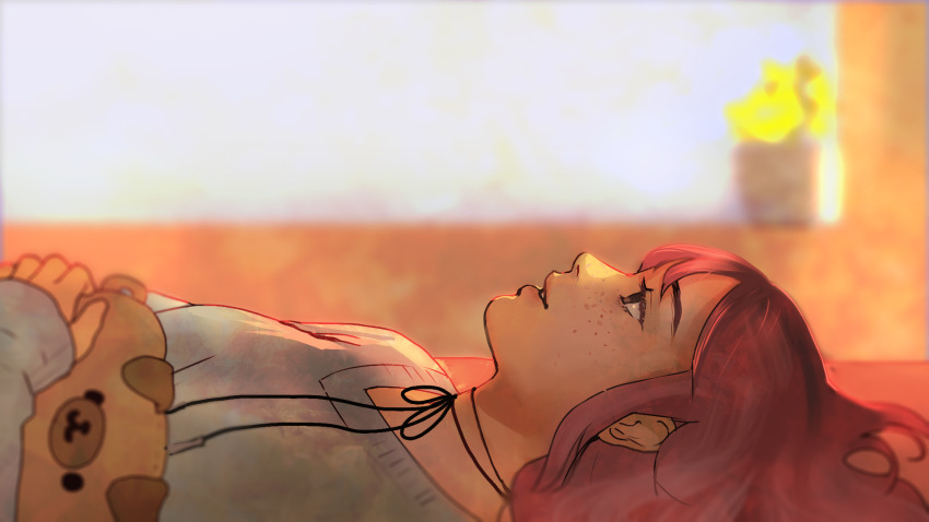 1girl angela_he blurry blurry_background brown_eyes depth_of_field freckles from_side highres hugging_object long_hair long_sidelocks looking_up lying missed_messages neck_ribbon non-web_source official_art on_back parted_lips pink_hair plant potted_plant ribbon sidelocks solo sweater upper_body white_sweater