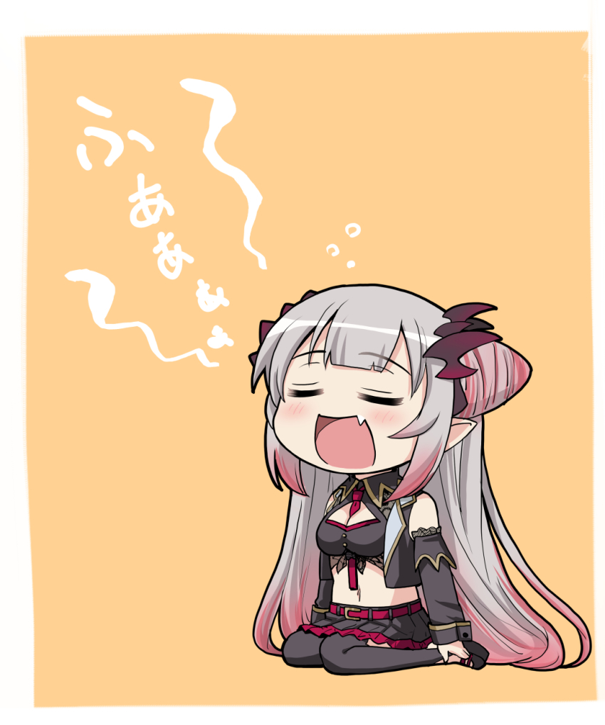 1girl :d belt between_breasts black_shirt black_shoes black_skirt black_sleeves black_thighhighs black_vest blush breasts chibi chibi_only cleavage_cutout closed_eyes clothing_cutout collared_shirt commentary_request cone_hair_bun crop_top cropped_vest demon_horns detached_sleeves double_bun fang frilled_skirt frills full_body gradient_hair grey_hair hair_bun haniwa_(leaf_garden) headgear highres horns long_hair long_sleeves medium_breasts miniskirt multi-source_commentary multicolored_hair nanashi_inc. necktie necktie_between_breasts open_clothes open_mouth open_vest orange_background pink_hair pink_streaks pleated_skirt pointy_ears red_belt red_horns red_necktie shirt shoes side_up_bun simple_background sitting skirt sleeveless sleeveless_shirt smile solo stirrup_legwear streaked_hair suou_patra suou_patra_(1st_costume) thighhighs toeless_legwear very_long_hair vest virtual_youtuber wariza