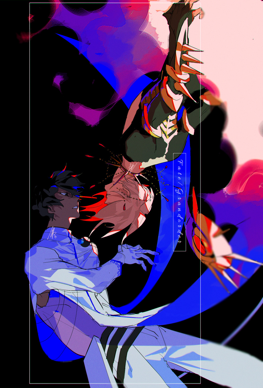 2boys absurdres arjuna_(fate) azisaiharumaki56 black_hair commentary_request copyright_name dark-skinned_male dark_skin fate/grand_order fate_(series) gloves highres inset_border karna_(fate) looking_at_another male_focus multiple_boys pants upside-down white_gloves white_hair white_pants